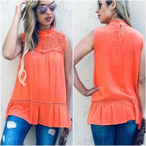 019 Boho Orange Mock Neck Lace Ruffle Tunic Top - Picture 4 of 5